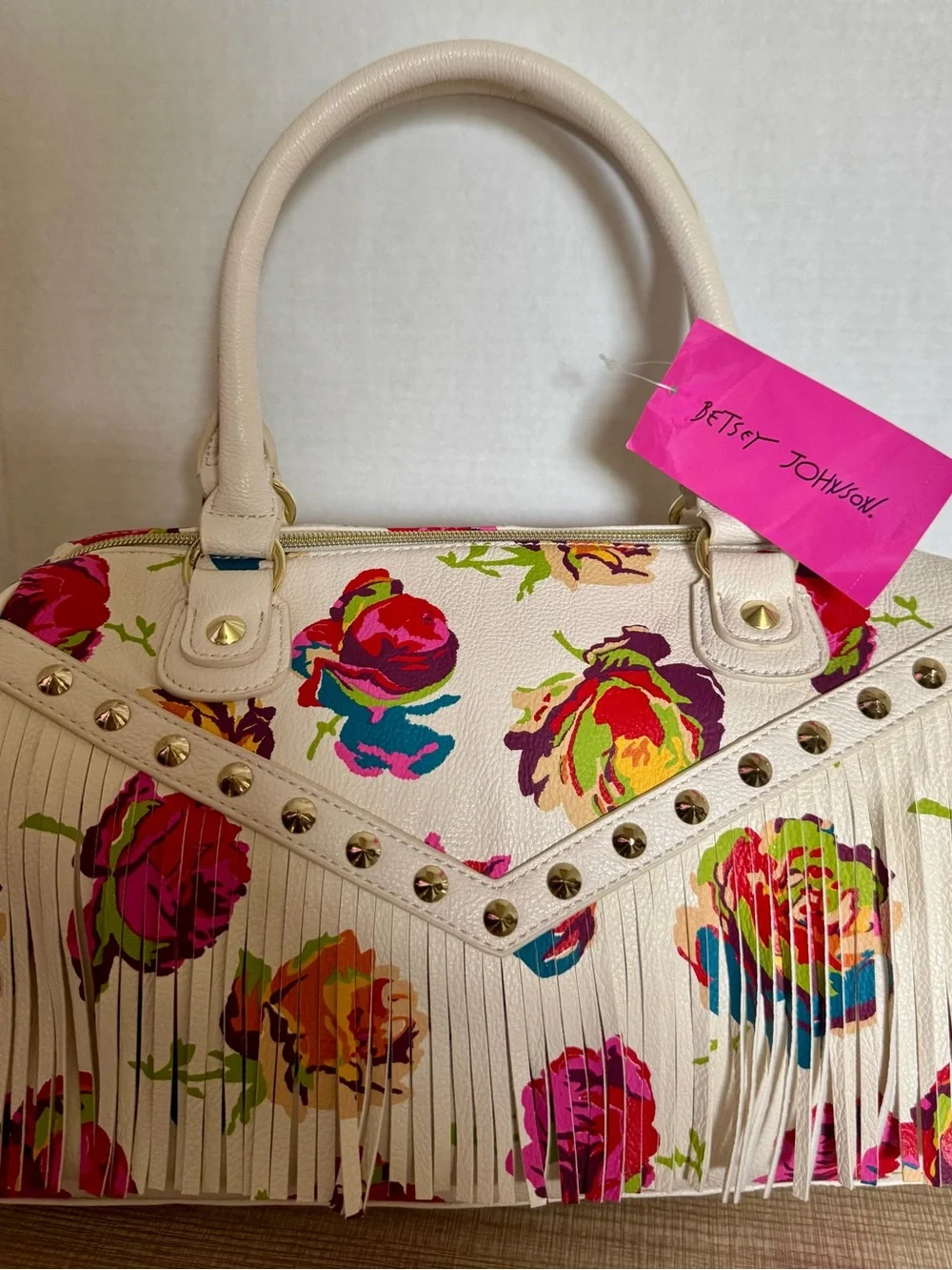 OOAK NWT BETSEY JOHNSON FRINGY FLORAL SATCHEL BAG WHITE W/GOLD HARDWARE 13x9”